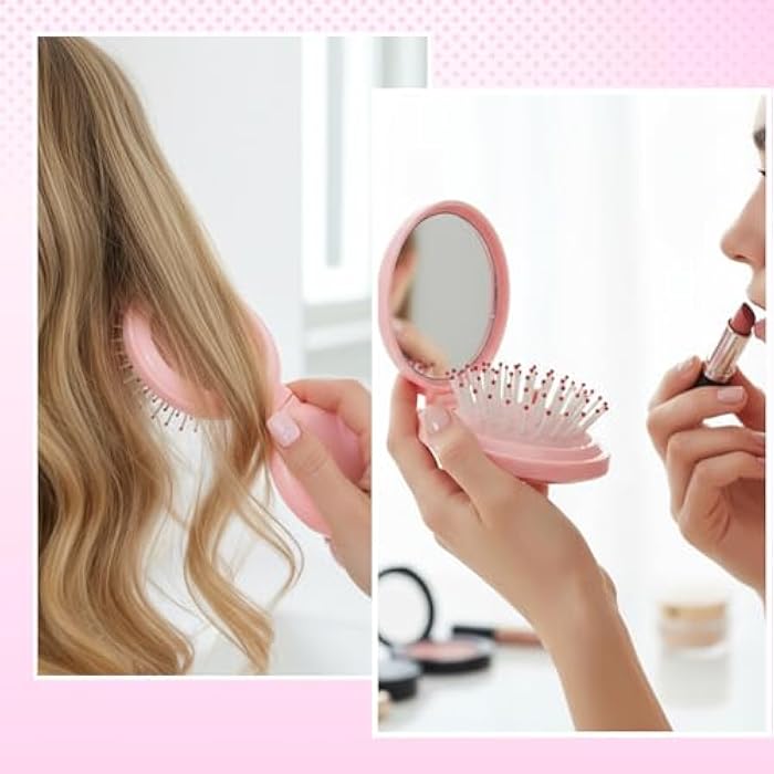 Matwsec Mini Travel Brush for Women Folding Hair Brush Portable Mini Hairbrush with Mirror, Compact Pop Up Pocket Brushes, Small Travel Size Flip Brushes for Purse Girls Wet and Dry Hair, Pink - Image 5